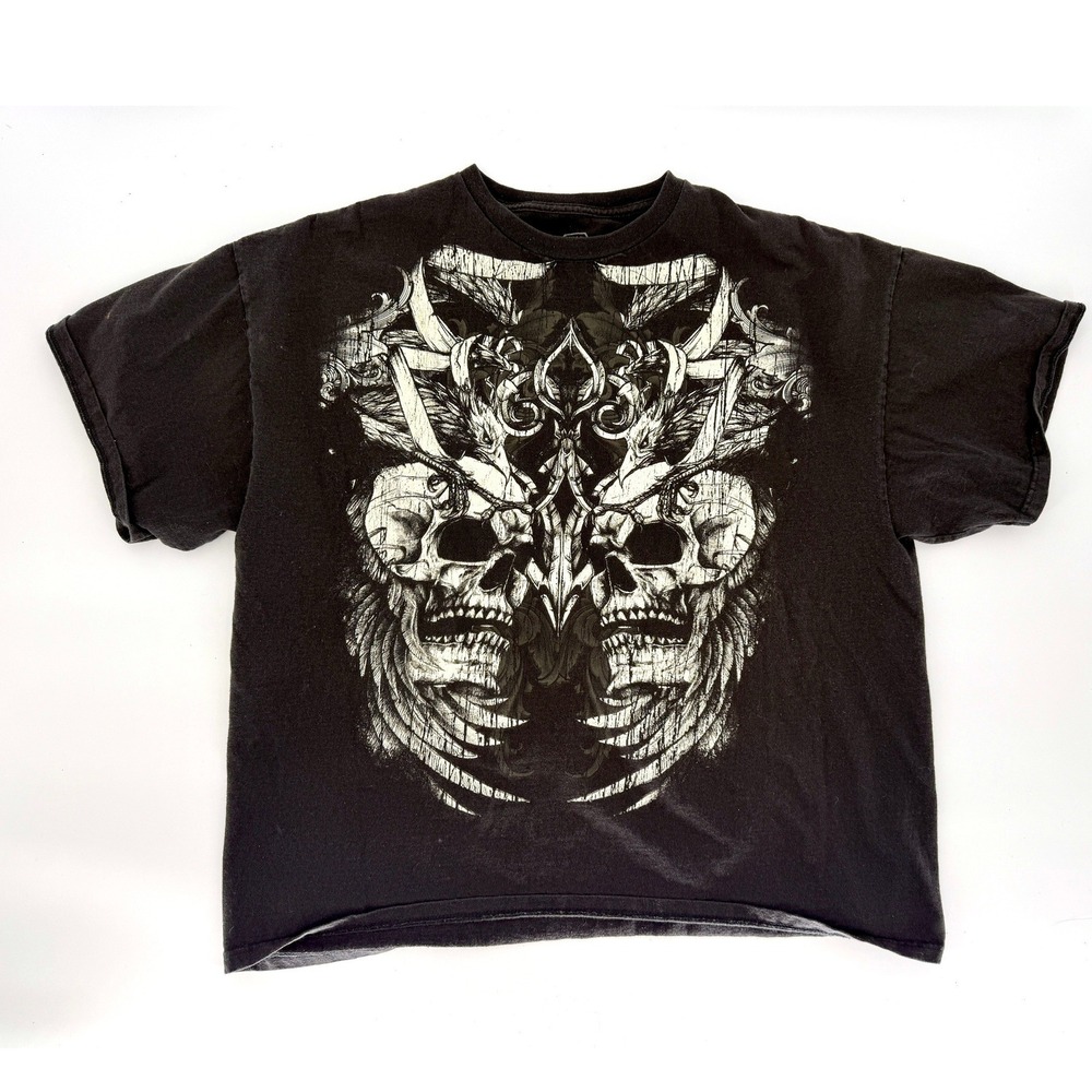 Vintage MMA Elite Graphic T Shirt Mens XL Grunge‎ Y2K Cross Skull Chrome Gray